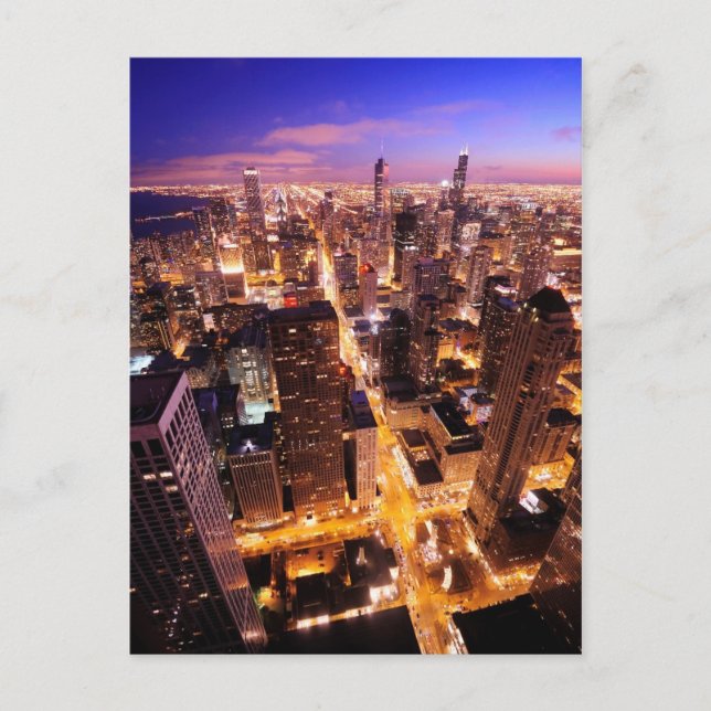 Cityscape at night of Chicago Postcard (Front)