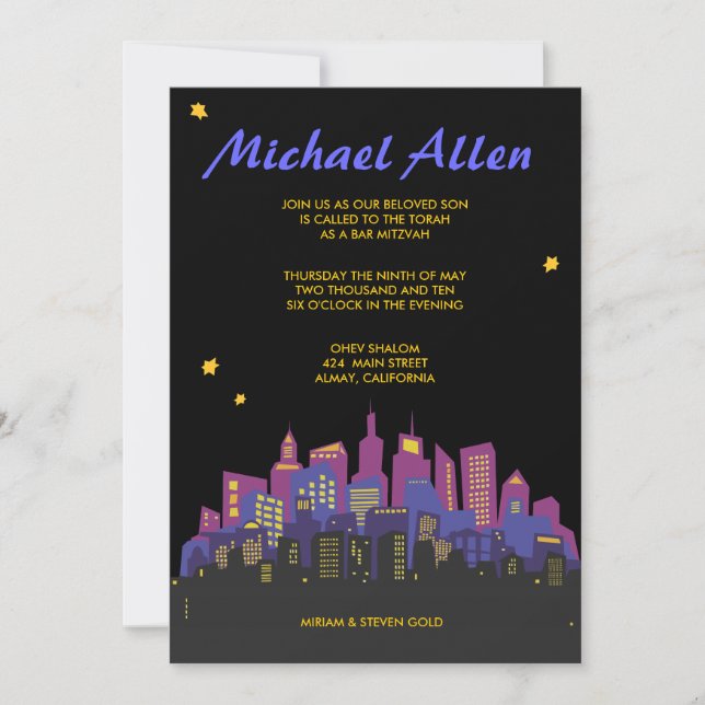 CITYSCAPE Bar Bat Mitzvah Invitation Invite (Front)
