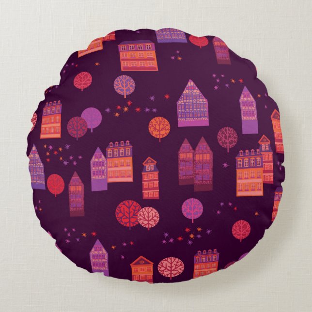 Cityscape hand drawn seamless pattern round cushion (Front)