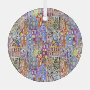 Cityscape houses, seamless urban pattern. glass tree decoration