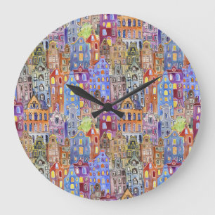 Cityscape houses, seamless urban pattern. large clock
