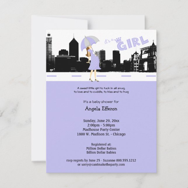 Cityscape Lavender and Grey Baby Shower Invitation (Front)