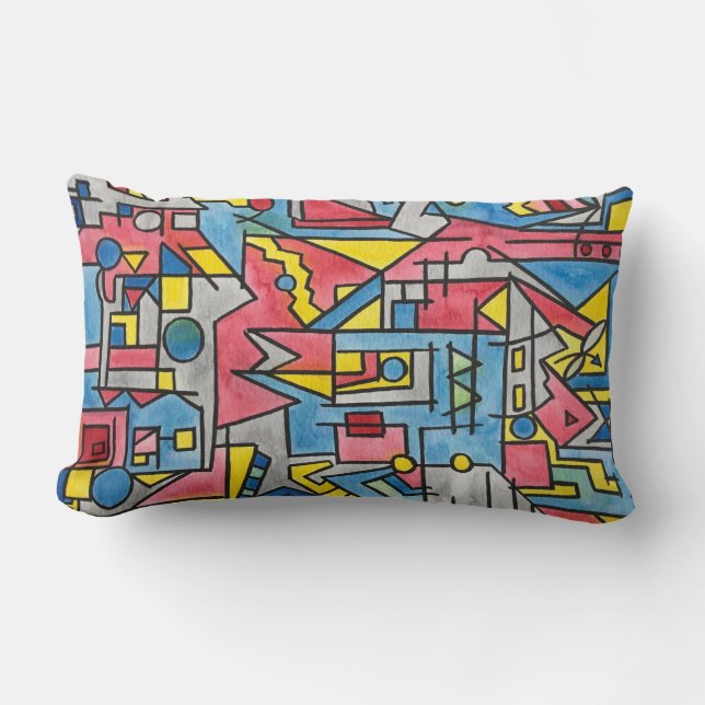 Cityscape-Modern Bauhaus Geometric Watercolor Art Lumbar Cushion (Front)