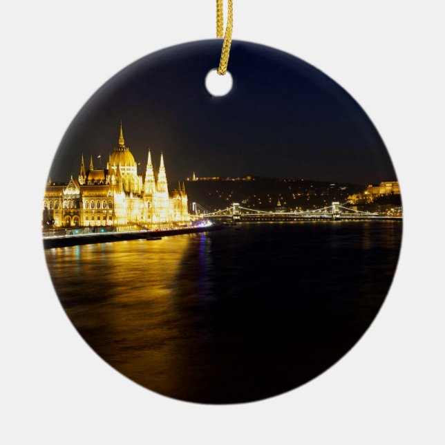 Cityscape of Budapest at night Ceramic Tree Decoration (Front)