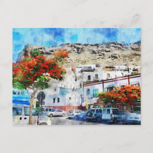 Cityscape Puerto de Morgan at Gran Canaria. Paint. Postcard