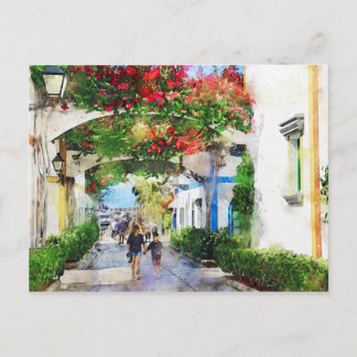 Cityscape Puerto de Morgan at Gran Canaria. Paint. Postcard