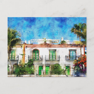 Cityscape Puerto de Morgan at Gran Canaria. Paint. Postcard