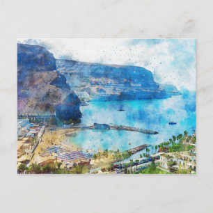 Cityscape Puerto de Morgan at Gran Canaria. Paint. Postcard