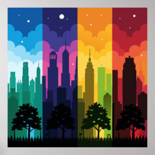 Cityscape Silhouette Seasons Poster