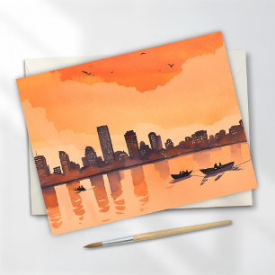 Cityscape Sunset Orange City Skyline Watercolor Postcard