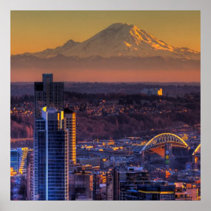 Cityscape view of Seattle downtown, football Poster