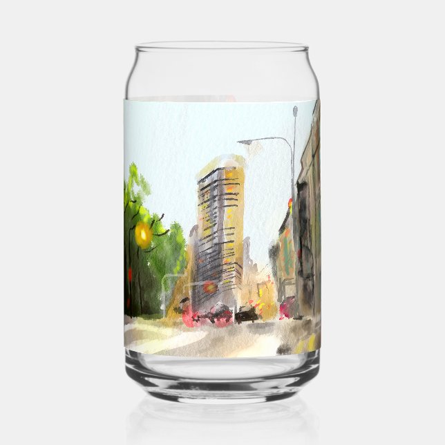 Cityscape watercolor painting can glass (Front)