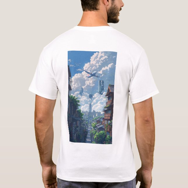 Cityscape with a Single Aeroplane - Urban Wanderlu T-Shirt (Back)