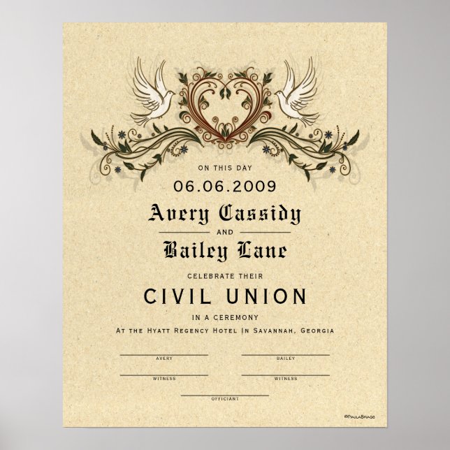 "Civil Union" Elegant Floral Wedding Certificate Poster (Front)