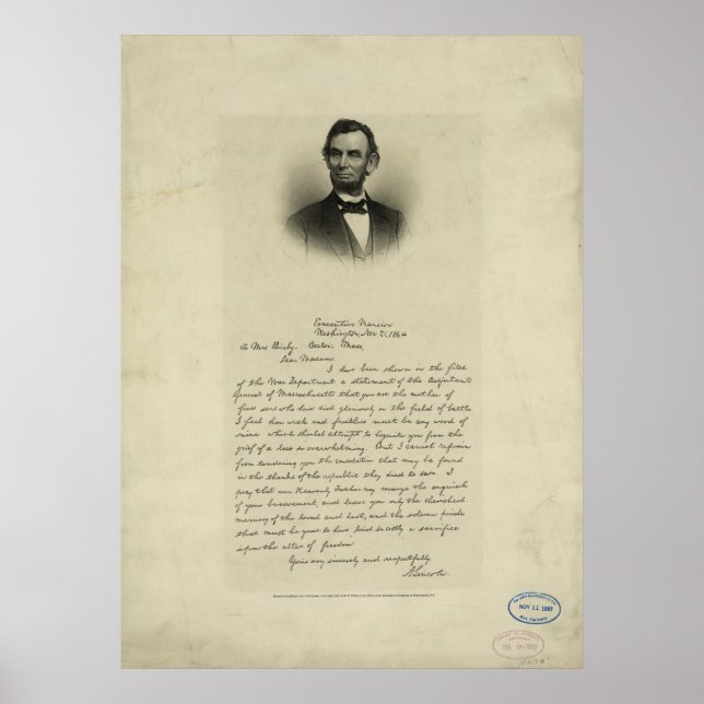 Civil War Letter from Abraham Lincoln to Mrs Bixby Poster (Front)