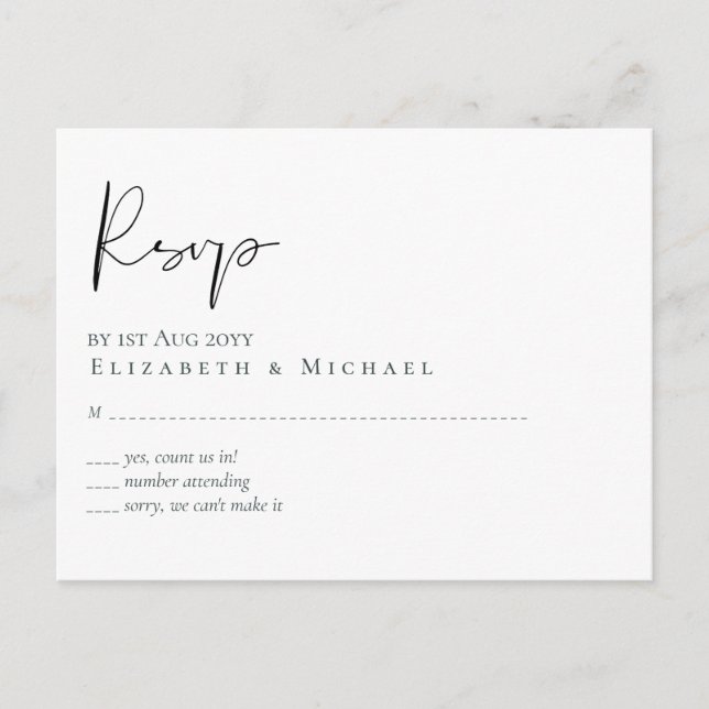 Claassic White Script RSVP MENU Budget Postcard (Front)