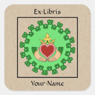 Claddagh and Green Knotwork Bookplate Square Sticker