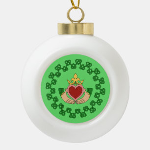 Claddagh and Green Knotwork Ceramic Ball Christmas Ornament