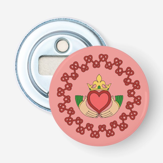 Claddagh and Red Knotwork on Pink Bottle Opener (Front)