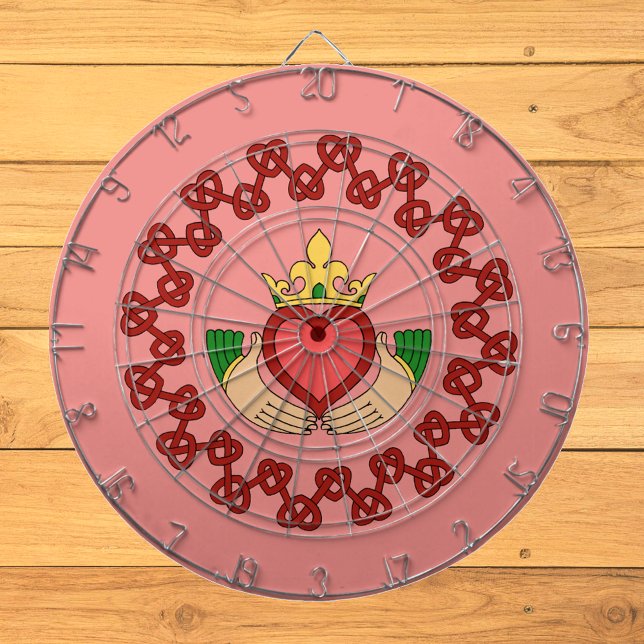 Claddagh and Red Knotwork on Pink Dartboard (Claddagh and Red Knotwork on Pink Dart Board on Wood Wall)