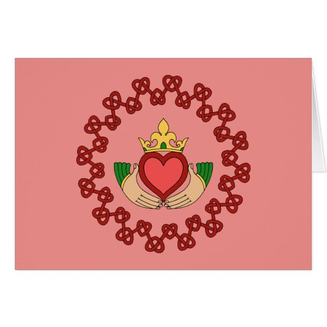 Claddagh and Red Knotwork on Pink Greeting Card (Front Horizontal)