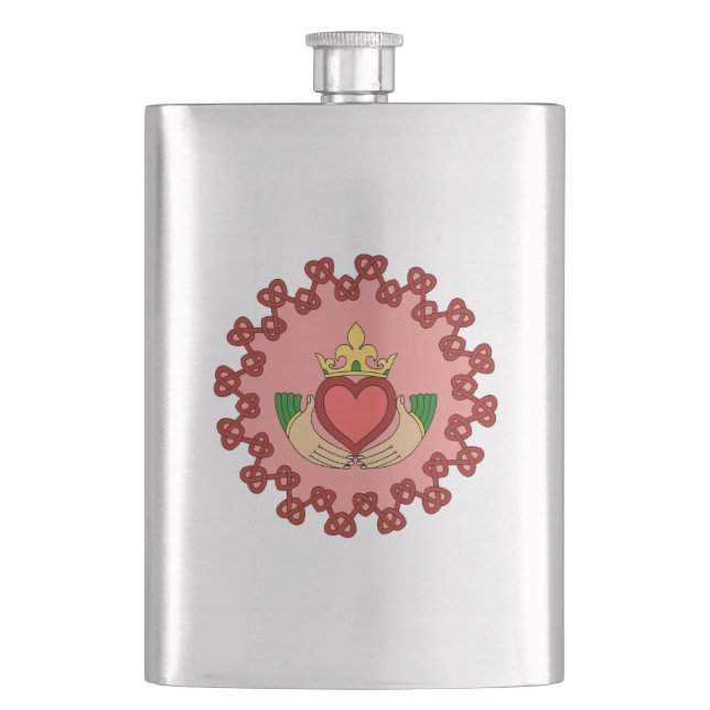 Claddagh and Red Knotwork on Pink Hip Flask (Front)