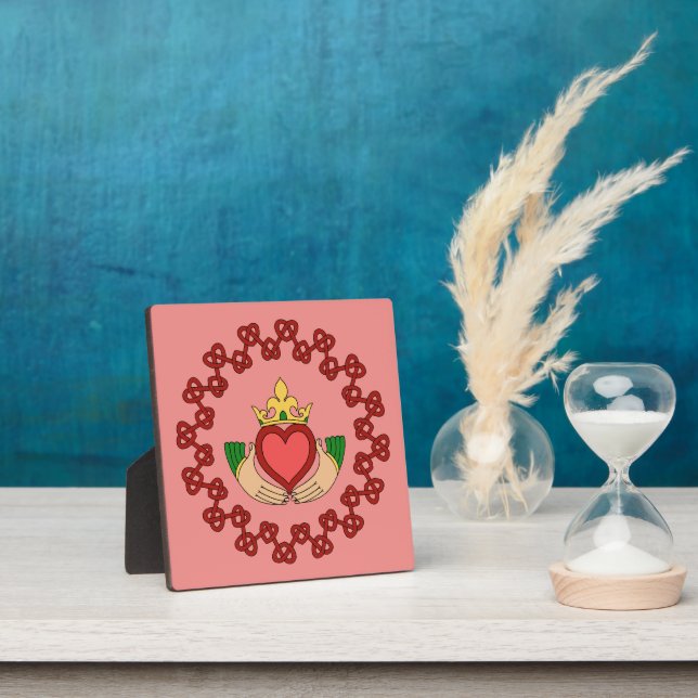 Claddagh and Red Knotwork on Pink Plaque (Insitu)