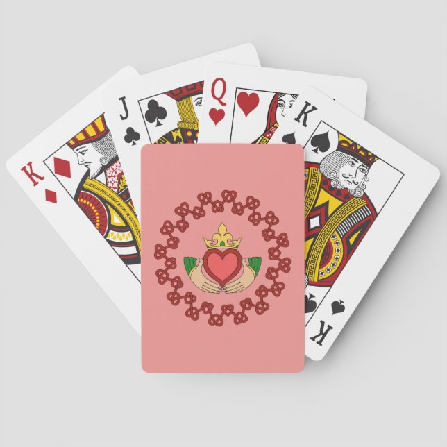 Claddagh and Red Knotwork on Pink Playing Cards (Back)