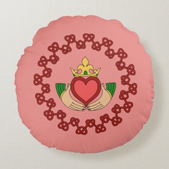Claddagh and Red Knotwork on Pink Round Cushion (Front)