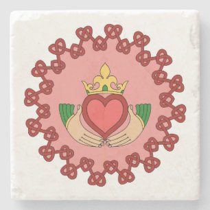 Claddagh and Red Knotwork on Pink Stone Coaster