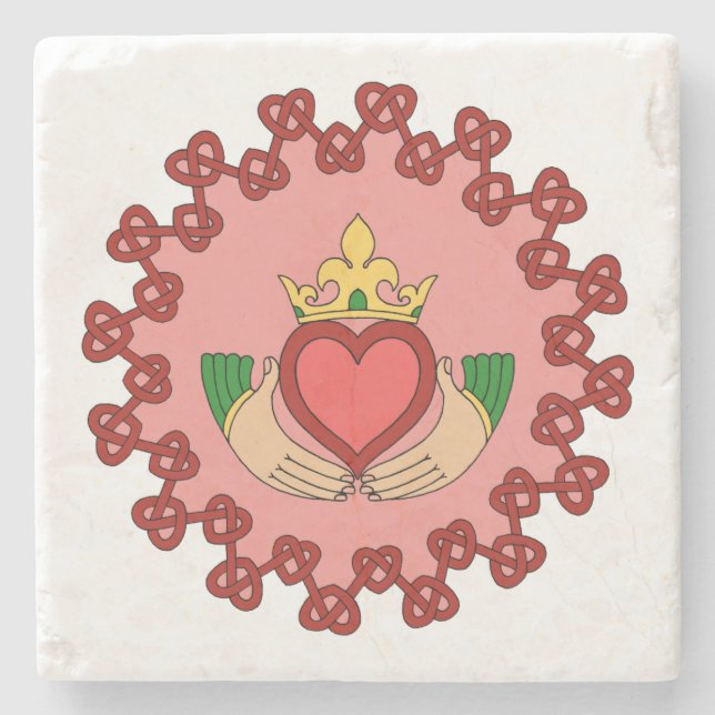 Claddagh and Red Knotwork on Pink Stone Coaster (Front)