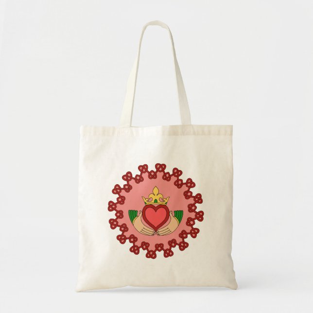 Claddagh and Red Knotwork on Pink Tote Bag (Front)