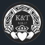 Claddagh Initials - Black & White Classic Round Sticker<br><div class="desc">For weddings,  anniversaries birthdays or an special occasion,  add this unique touch to your invitations,  stationary and/or wrapping paper with this beautiful sticker with your initial or initials encircled by an elegant celtic claddagh ring.</div>