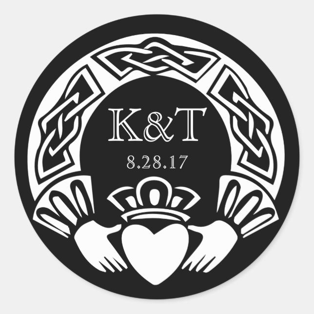 Claddagh Initials - Black & White Classic Round Sticker (Front)
