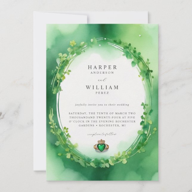 Claddagh ring clover wreath wedding invitation (Front)