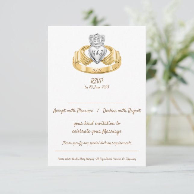 Claddagh Ring Wedding RSVP with Initials & Date Card (Standing Front)