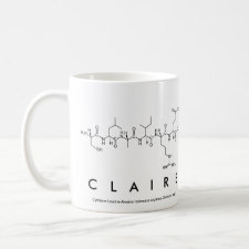 Mug featuring the name Claire spelled out in the single letter amino acid code