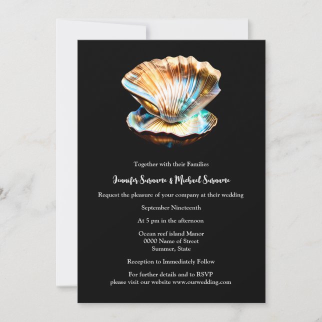 Clam shell iridescent glistening ocean seashell invitation (Front)
