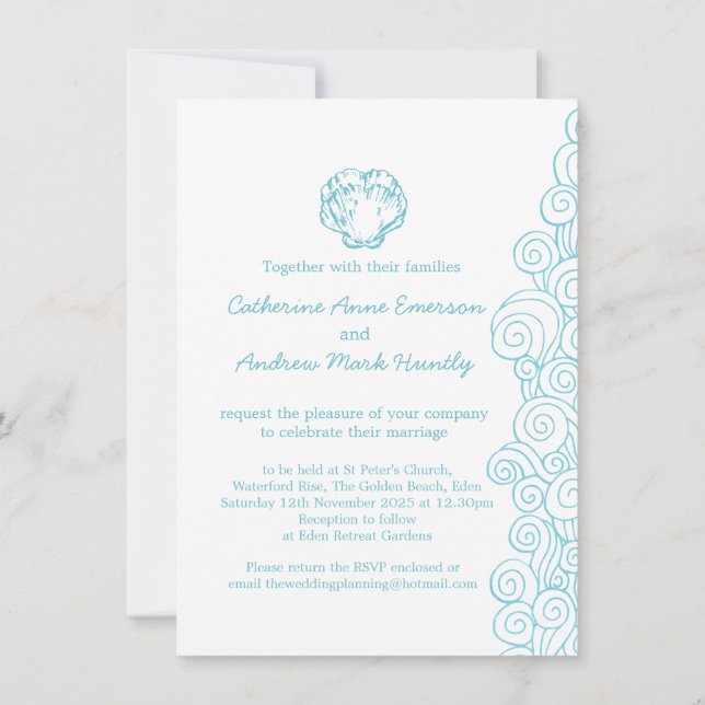 Clam shell sea swirl blue beach wedding invitation (Back)