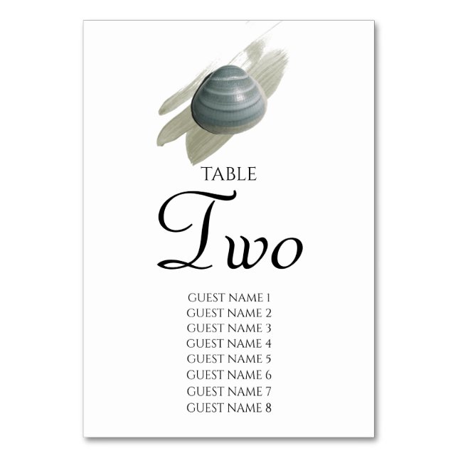 Clam Watercolor Stroke Wedding Guest Names Table Number (Front)