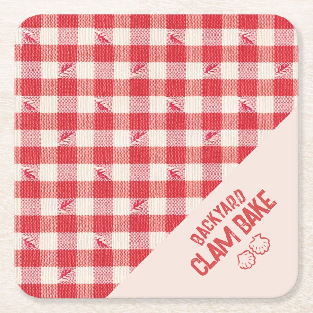 Clambake Casual Seafood Party Gingham Plaid Square Paper Coaster (Front)