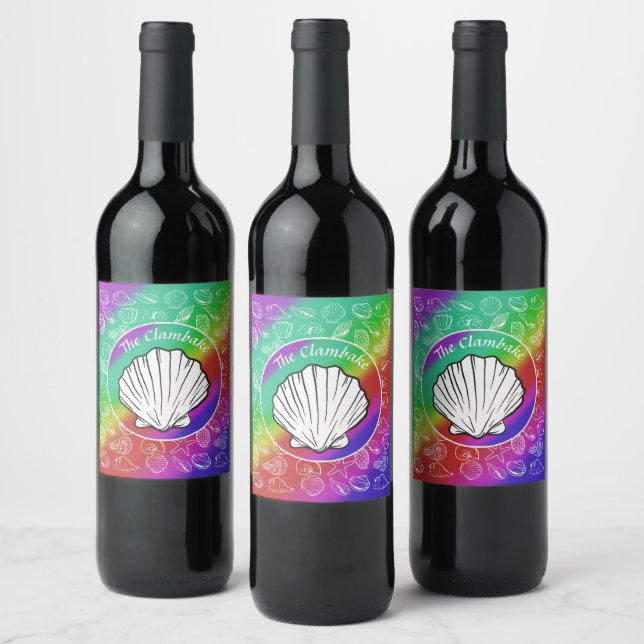 Clambake Clam & Shellfish Pattern Rainbow  Wine Label (Bottles)