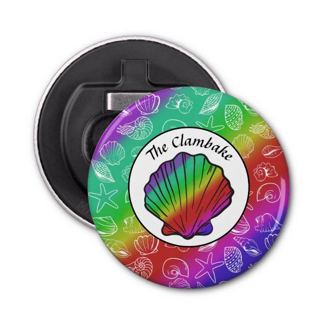 Clambake Rainbow Clam Shellfish Pattern Button Bottle Opener (Front)