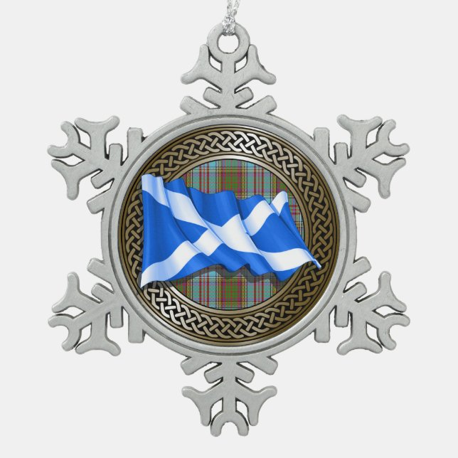 Clan Anderson Tartan Knot & Flag Snowflake Pewter Christmas Ornament (Front)