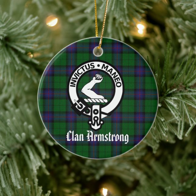 Clan Armstrong Crest Badge and Tartan Ceramic Tree Decoration (Tree)