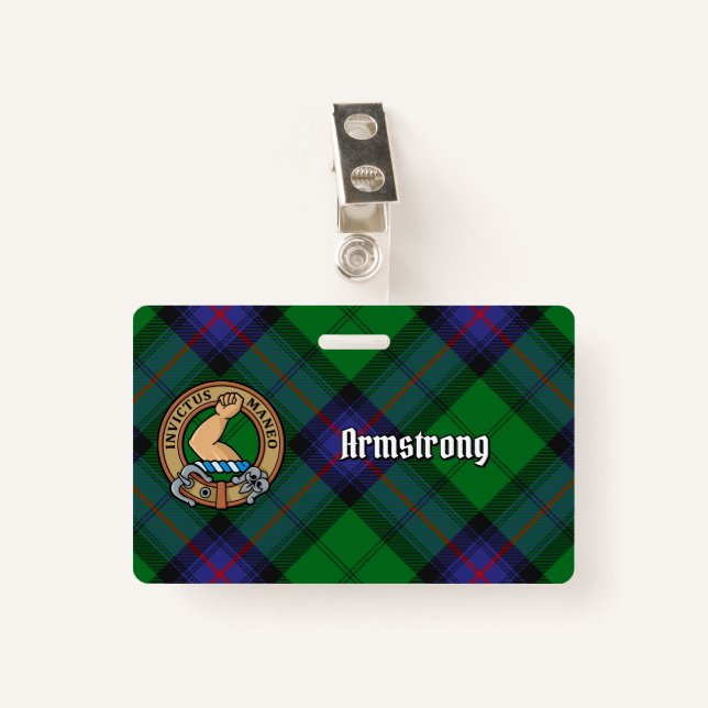 Clan Armstrong Crest over Tartan ID Badge (Front with Clip)
