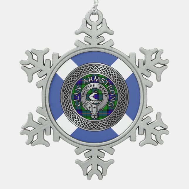 Clan Armstrong Crest & Tartan Knot Snowflake Pewter Christmas Ornament (Front)