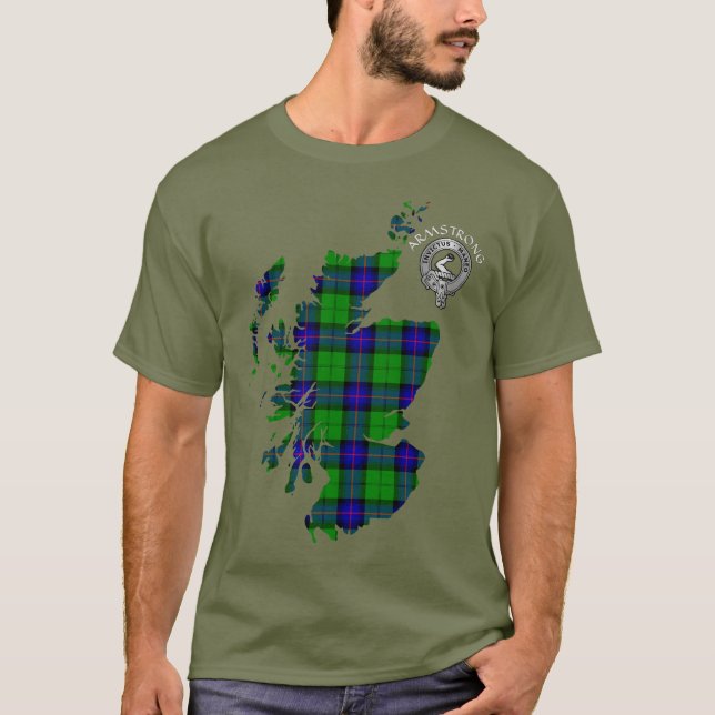 Clan Armstrong Tartan Map & Crest T-Shirt (Front)