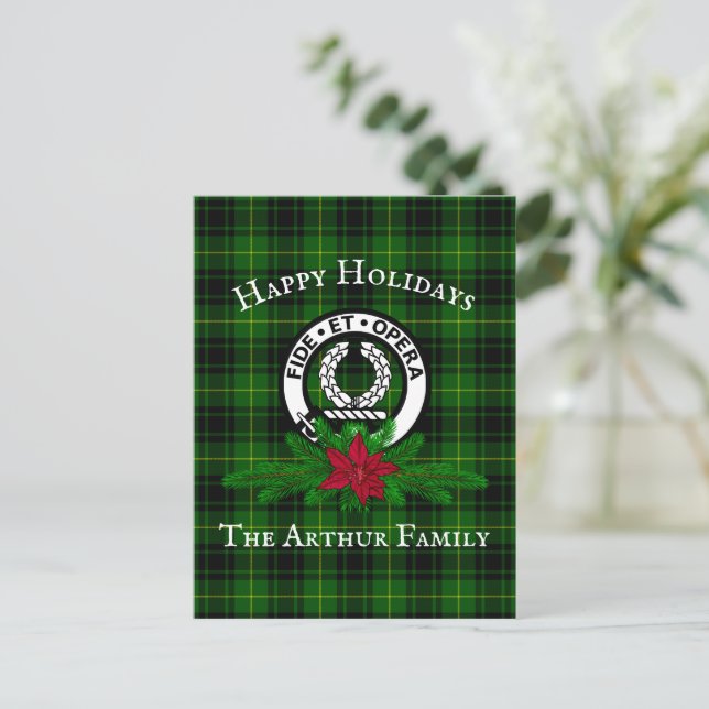Clan Arthur Crest Badge & Tartan Holiday Postcard (Standing Front)