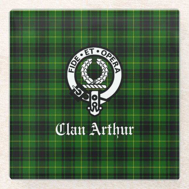 Clan Arthur / MacArthur Crest & Tartan Glass Coaster (Front)